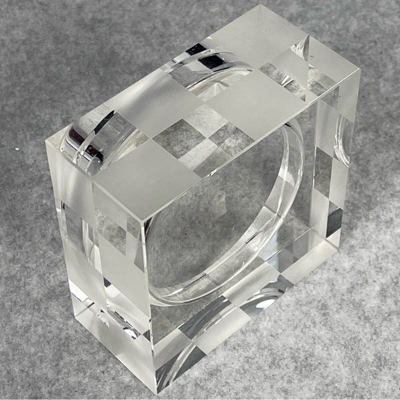 Lucien Piccard Crystal Pillar Candle Holder Checkered Frosted Clear Heavy Signed - Picture 3 of 7